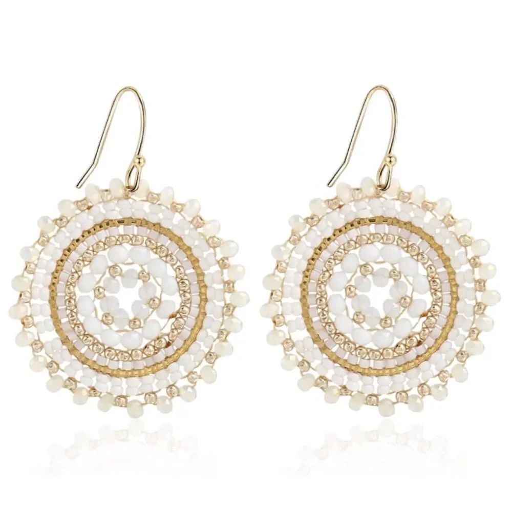 White and Gold Beaded Crystal Round Disc Boho Statement Dangling Hook Earrings